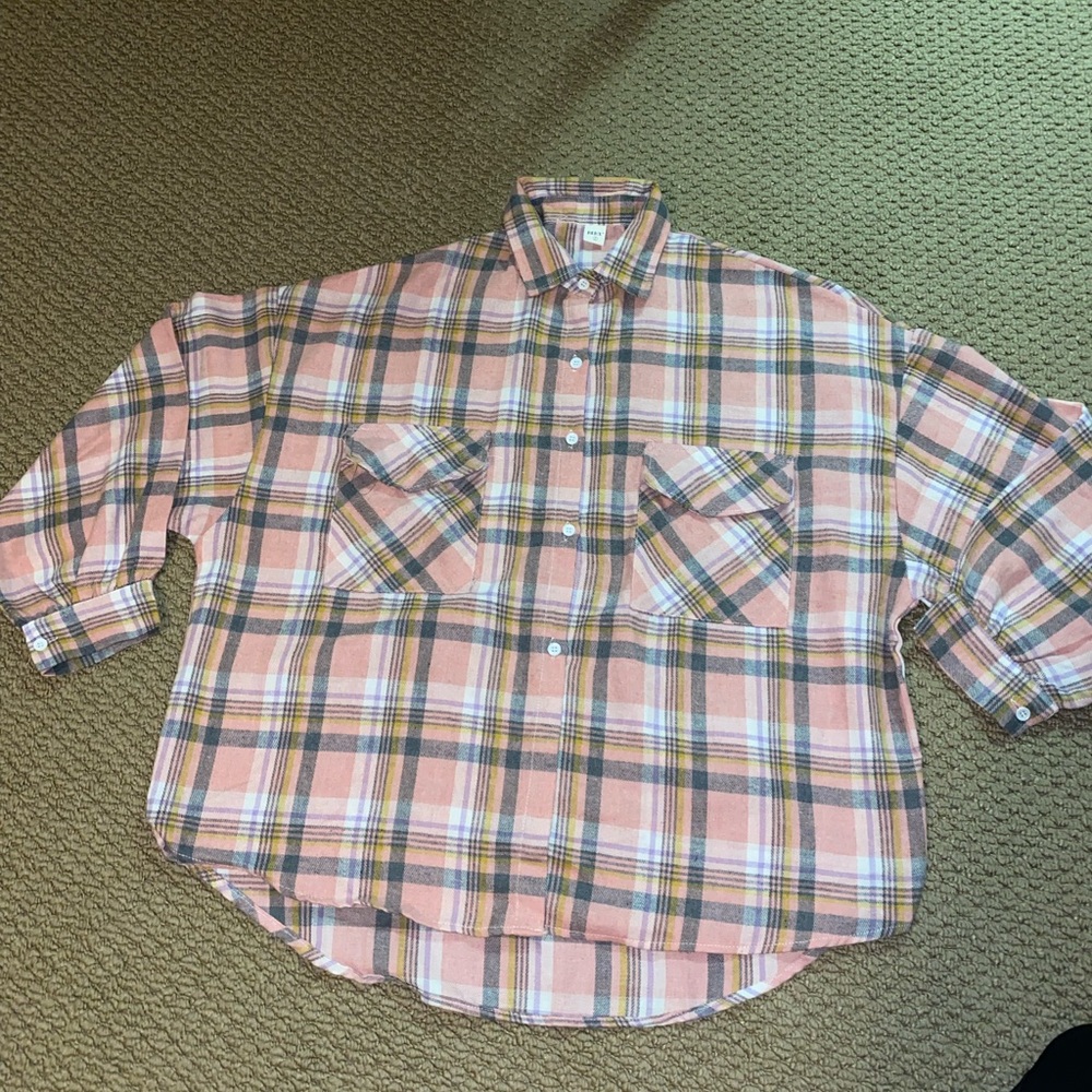 Pink coral plaid sweater jacket collared shirt